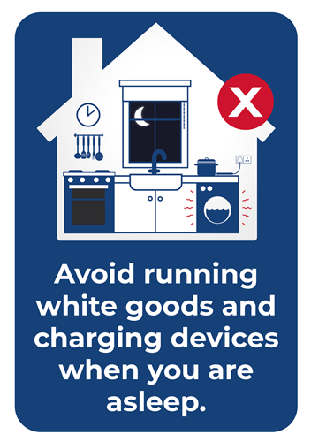 Graphic showing a kitchen scene with a washing machine left on overnight and tablet charging - image has big red cross on to show this is not safe to do. Text reads: Avoid running white goods and charging devices when you are asleep