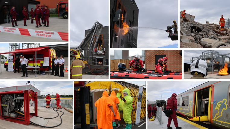 Montage of training capabilities on show as part of the live demonstrations at the National Resilience Centre of Excellence opening event at Merseyside Fire and Rescue Service's new state of the art Training and Development Academy in Merseyside.